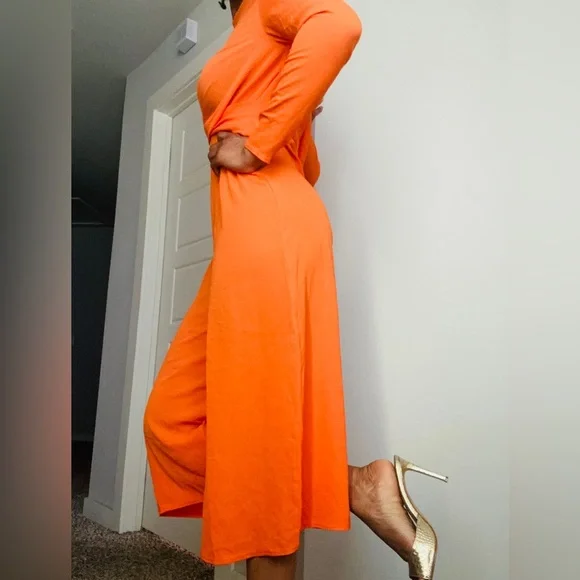 Orange long-sleeve Wrap Front Jumpsuit - Picture 6 of 11
